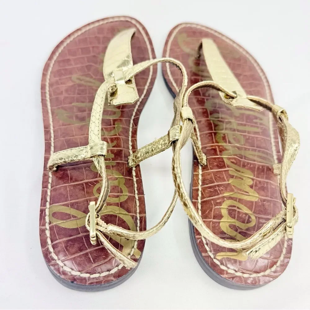 Sam Edelman GIGI Gold Metallic Reptile Embossed Leather T Strap Thong Sandals